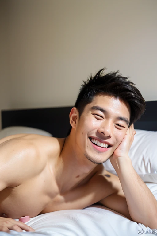 male Age 25 underwear bed smile from side view