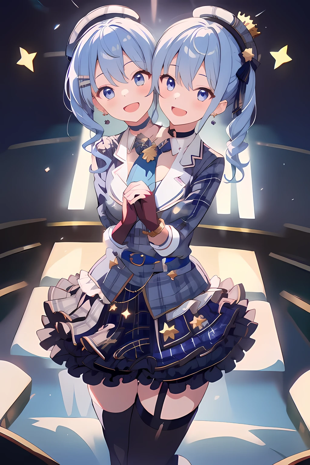 (masterpiece, best quality), best resolution, 16k, (2heads:1.5), dynamic angle, 1girl, HoshimachiSuisei, side ponytail, blue hair ribbon, SuiseiBase, plaid beret, crown, blue star choker, star earrings, blue ascot, plaid jacket, plaid skirt, layered skirt, partially fingerless gloves, star bracelet, uneven legwear, thigh strap, standing, cheek to cheek, (own hands together, own hands clasped), smile, open mouth, singing, look at viewer, happy, stable, concert stage, starfield, spotlight