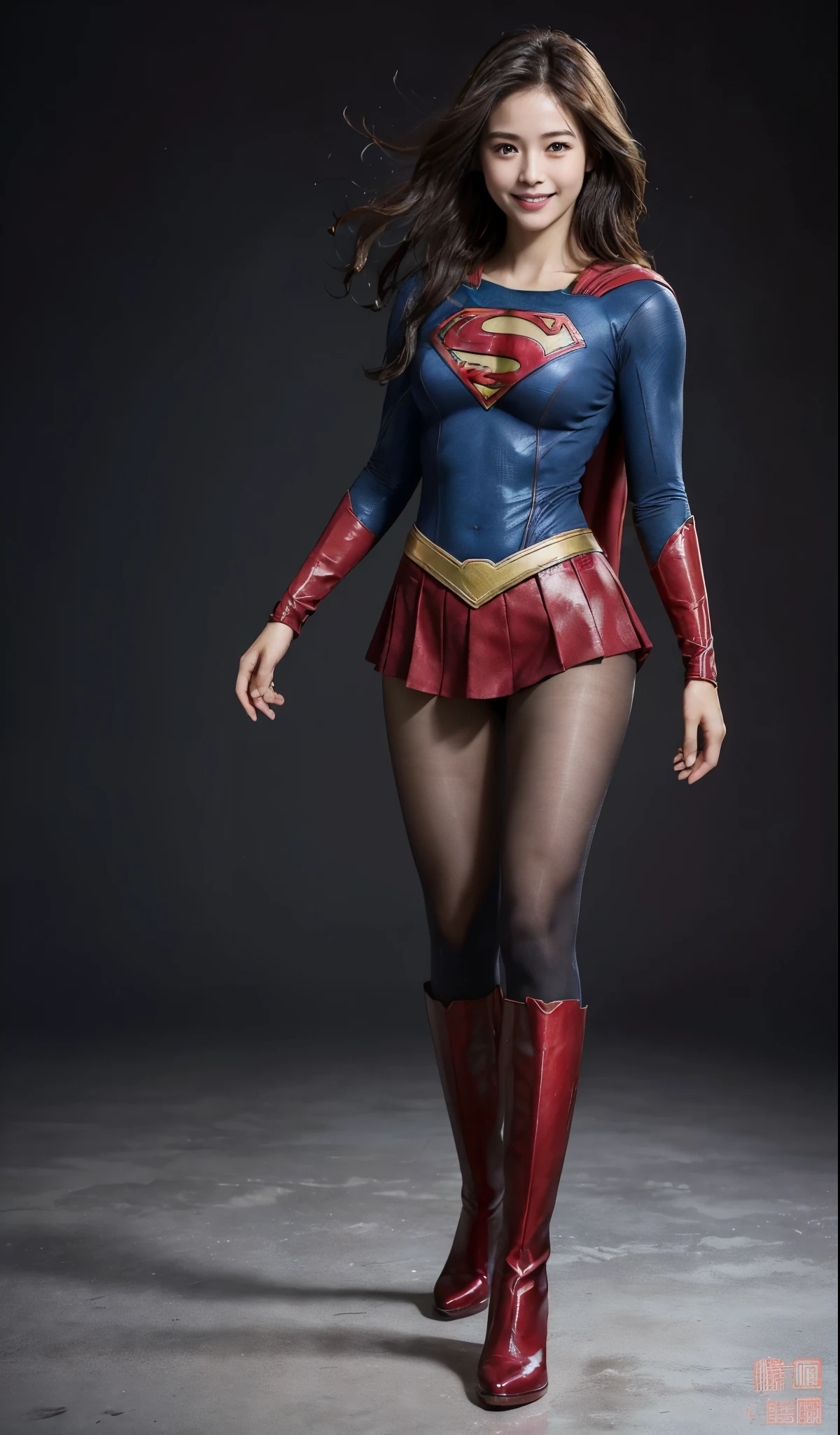 No background、(((Beautiful legs in black tights.)))、(((Legally express the beauty of your smile)))、((((Make the most of your original images)))、(((Supergirl Costume)))、(((Beautiful Hair)))、(((Smiling and winking)))、(((Please wear black tights....、Wear red boots)))、((Best image quality、8k))、((highest quality、8k、masterpiece:1.3))、(((Preserve background )))、Sharp focus:1.2、Beautiful woman with perfect figure:1.4、Slim Abs:1.2、Wet body:1.5、Highly detailed face and skin texture、8k