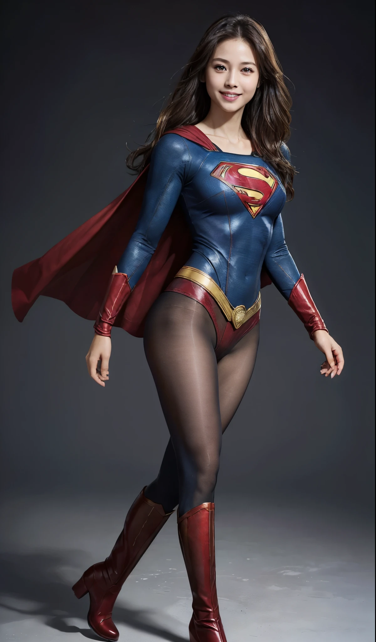 No background、(((Beautiful legs in black tights.)))、(((Legally express the beauty of your smile)))、((((Make the most of your original images)))、(((Supergirl Costume)))、(((Beautiful Hair)))、(((Smiling and winking)))、(((Please wear black tights....、Wear red boots)))、((Best image quality、8k))、((highest quality、8k、masterpiece:1.3))、(((Preserve background )))、Sharp focus:1.2、Beautiful woman with perfect figure:1.4、Slim Abs:1.2、Wet body:1.5、Highly detailed face and skin texture、8k