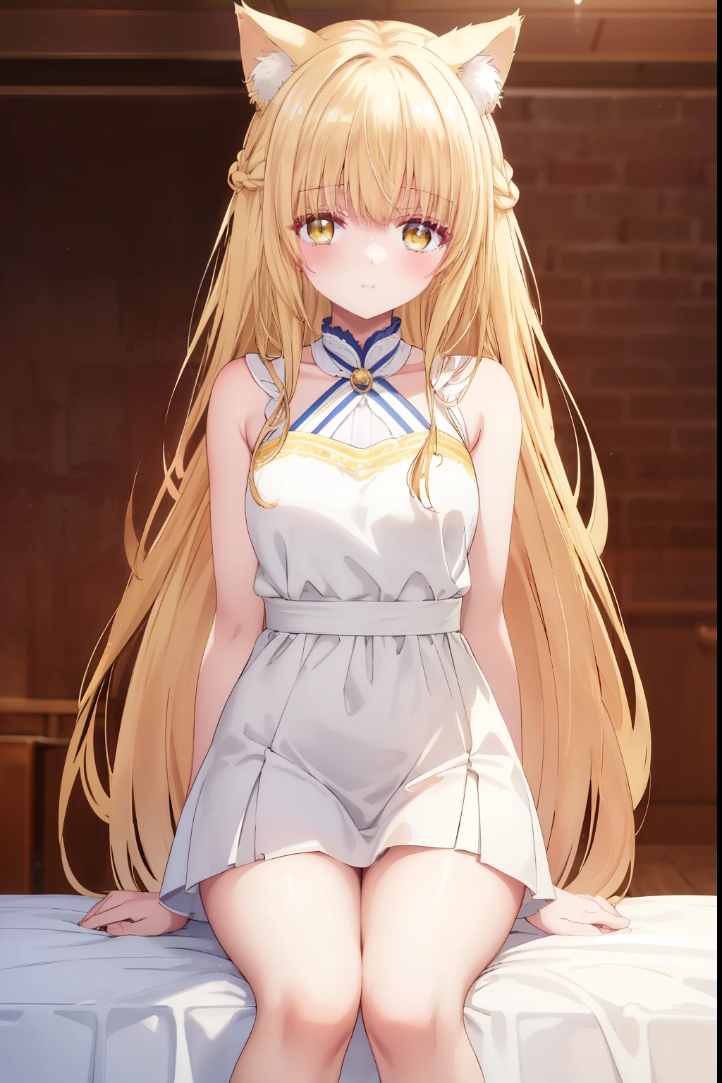 Mahiru shiina, , blonde, (Yellow Eyes:1.3)、Braided long hair,,blush,smile,Captivating thighs、Beautiful bare legs, Sideways armpit、Wearing cat ears、Cat&#39;s Tail、She&#39;s very clingy、Cat ears grow
（masterpiece:1.2), highest quality, High resolution, unity 8k wallpaper, (shape:0.8), (Beautiful and beautiful eyes:1.6), Highly detailed face, Perfect lighting, Extremely detailed CG, (Perfect hands, Perfect ???????),