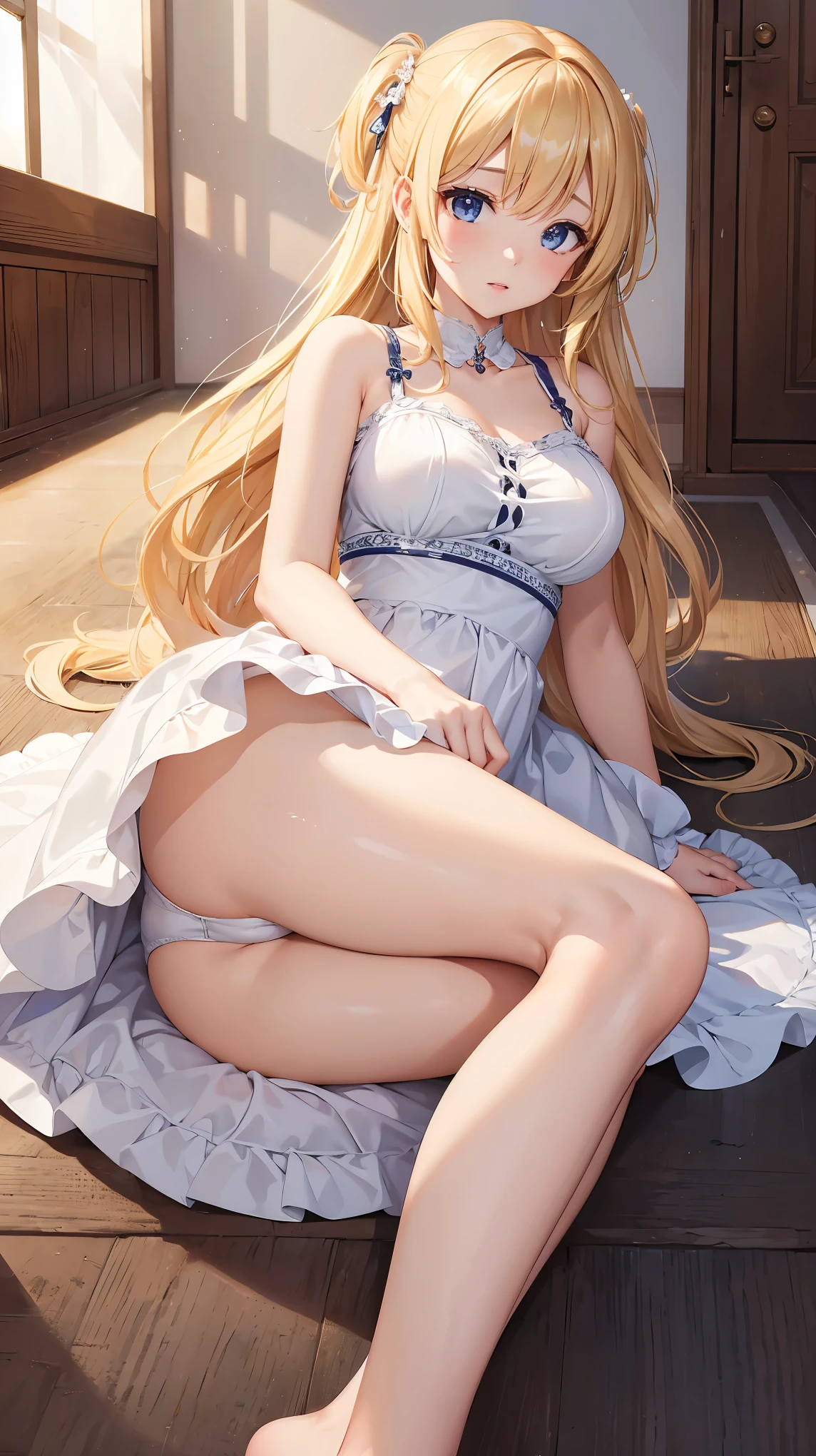 ((highest quality、High resolution))、Portrait、Blonde、Sexy Dress、((Beautiful girl shows her panties))、I'm tempting you、I'm inviting you to have sex