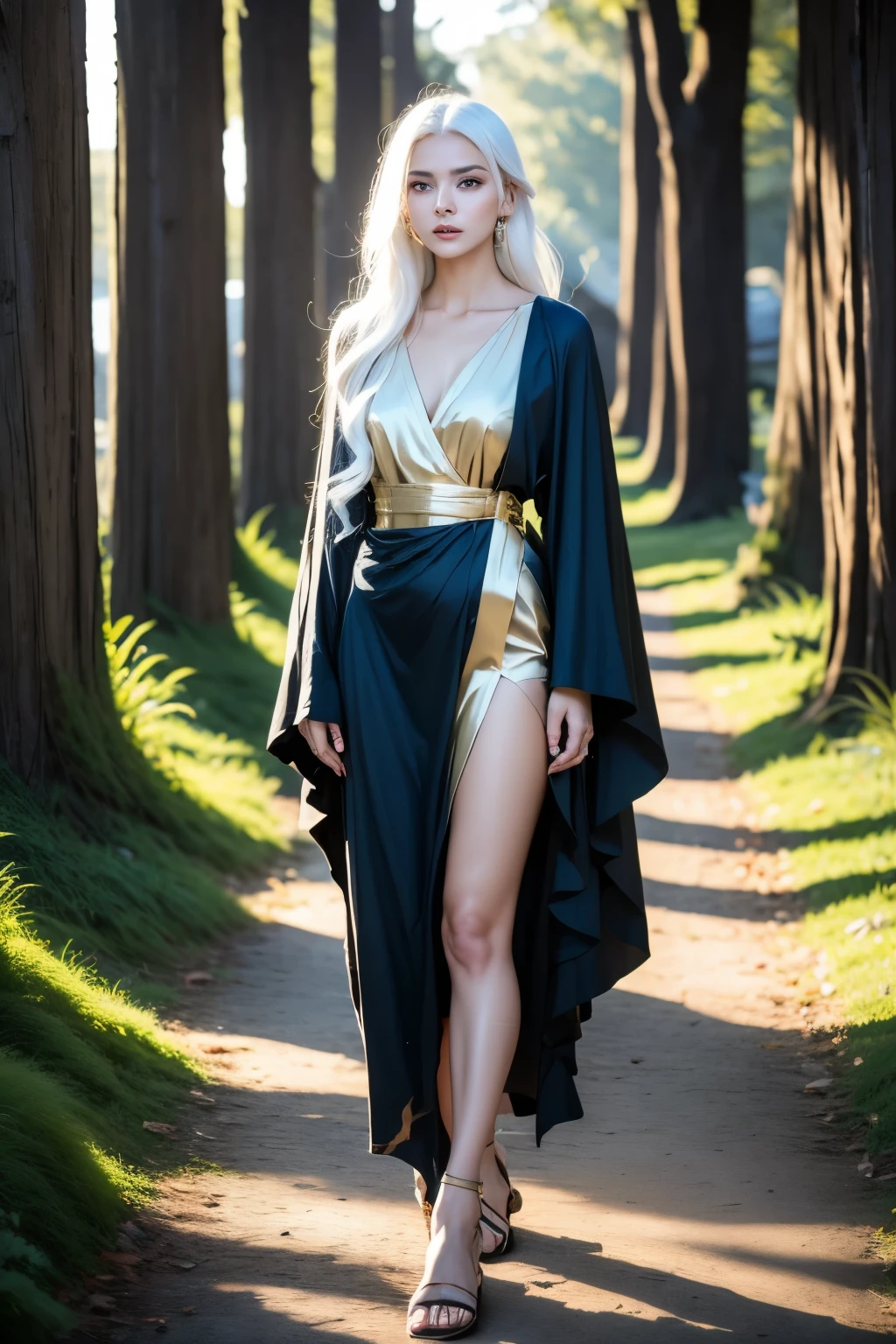 Create a head to toe full body picture, forward facing of Dawn Of Light a beautiful ethereal women with long platinum coloured hair and beautiful blue eyes. Draped in a glowing modest garment, and gold sandals. Radiating light in an ethereal forest of light.