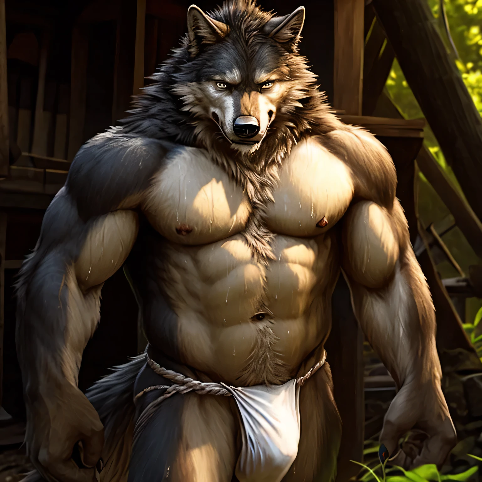 male, wolf, fundoshi, sweating, realistic,