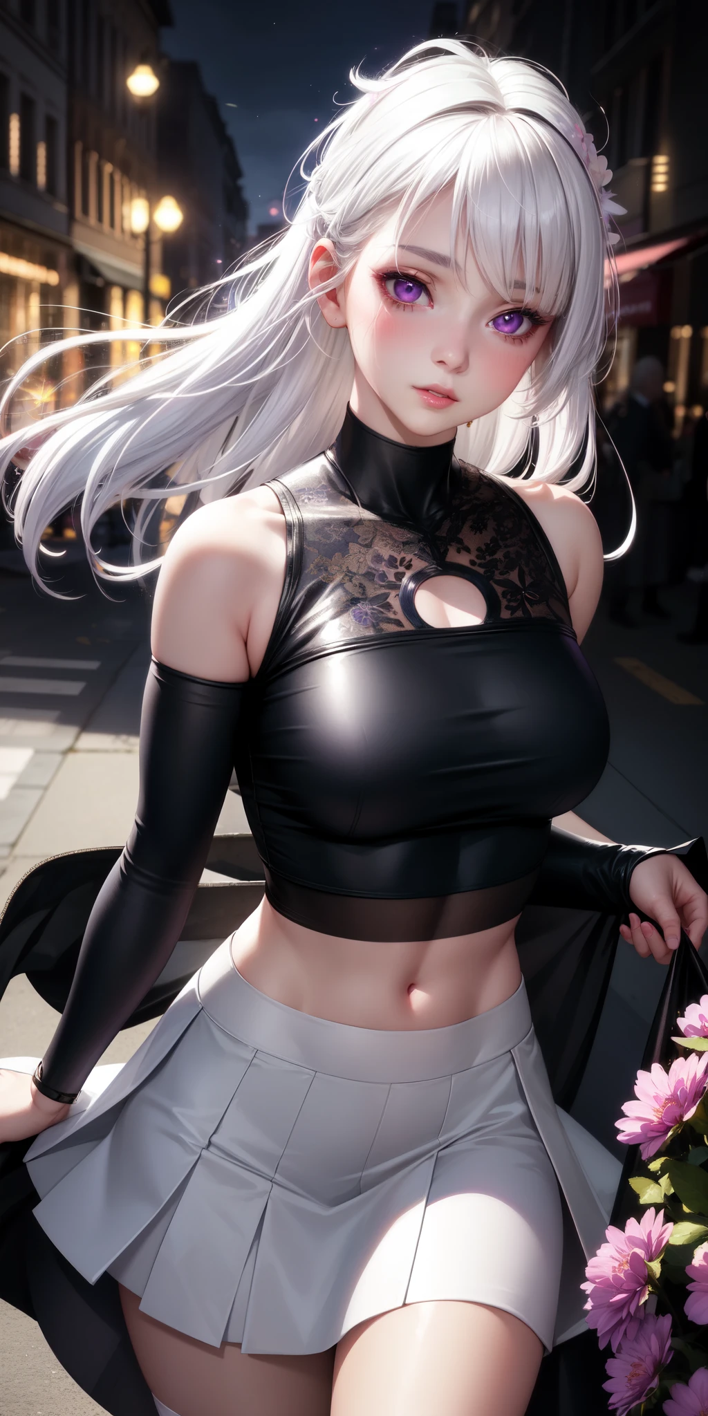 realistic, 1girl, white hair, purple eyes, glowing eyes, crop top, skirt, parted lips, blush, night, flowers, sun, sunlight,