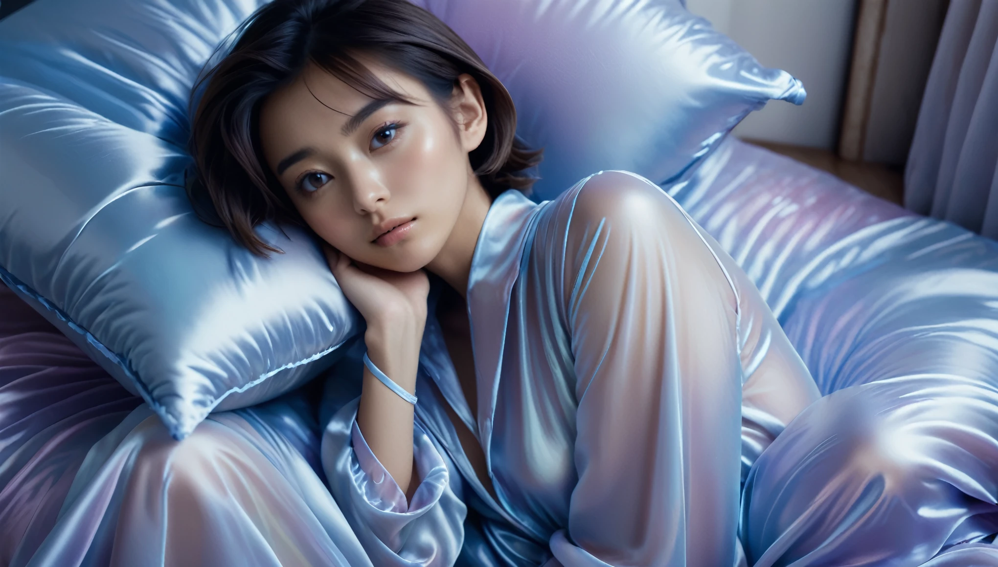 Top Quality, Masterpiece, High Resolution, 8k, (photorealistic:1.4), full body, (oversized silky see-through pajama.:1.1), spaceship, bed with puffer bedlinen, dim light, beautiful woman, skinny, small breasts, pixie asymmetrical hair, detailed face, shy expression, facing the camera, photo taken from a distance, age of 20 years old, tanned, pastel colors