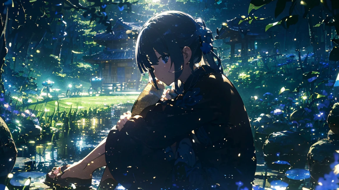 (Official Art、highest quality、unity 8k wallpaper、masterpiece、Very detailed、超A high resolution:1.2)、(Very detailedで複雑な3Dレンダリング)、詳細なBeautiful Faceと目、thin、Medium Bust、(whole body:1.2)、(Side Shot、moonを見上げる、avert your eyes:1.2)、Fireflies are flying、(Mysterious Light)、Beautiful Face、Blurred Background、beautiful girl、Japanese garden、Cowboy Shot、sitting in veranda、空に一つの満moon、moon