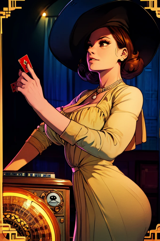 a 1970s woman opening a packaging of a solfège-inspired playing card, surrounded by a music box, vintage radio, and retro artstyle. The woman's outfit reflects the fashion of the 70s, with vibrant colors and patterns. The playing card features intricate designs and musical symbols, symbolizing the solfège system. The music box plays a nostalgic melody, adding to the ambiance of the scene. The vintage radio emits soft tunes, reminiscent of the 70s era. The overall artstyle of the image is inspired by the vibrant and psychedelic art styles popular in the 70s, with bold colors, abstract patterns, and intricate details. The color palette includes warm and earthy tones, with pops of vibrant colors. The lighting showcases a warm glow, highlighting the details of the playing card and the woman's expression. The image should have high image quality, with fine details visible even at a close-up. The scene captures the essence of the 70s, evoking nostalgia and a sense of joy.