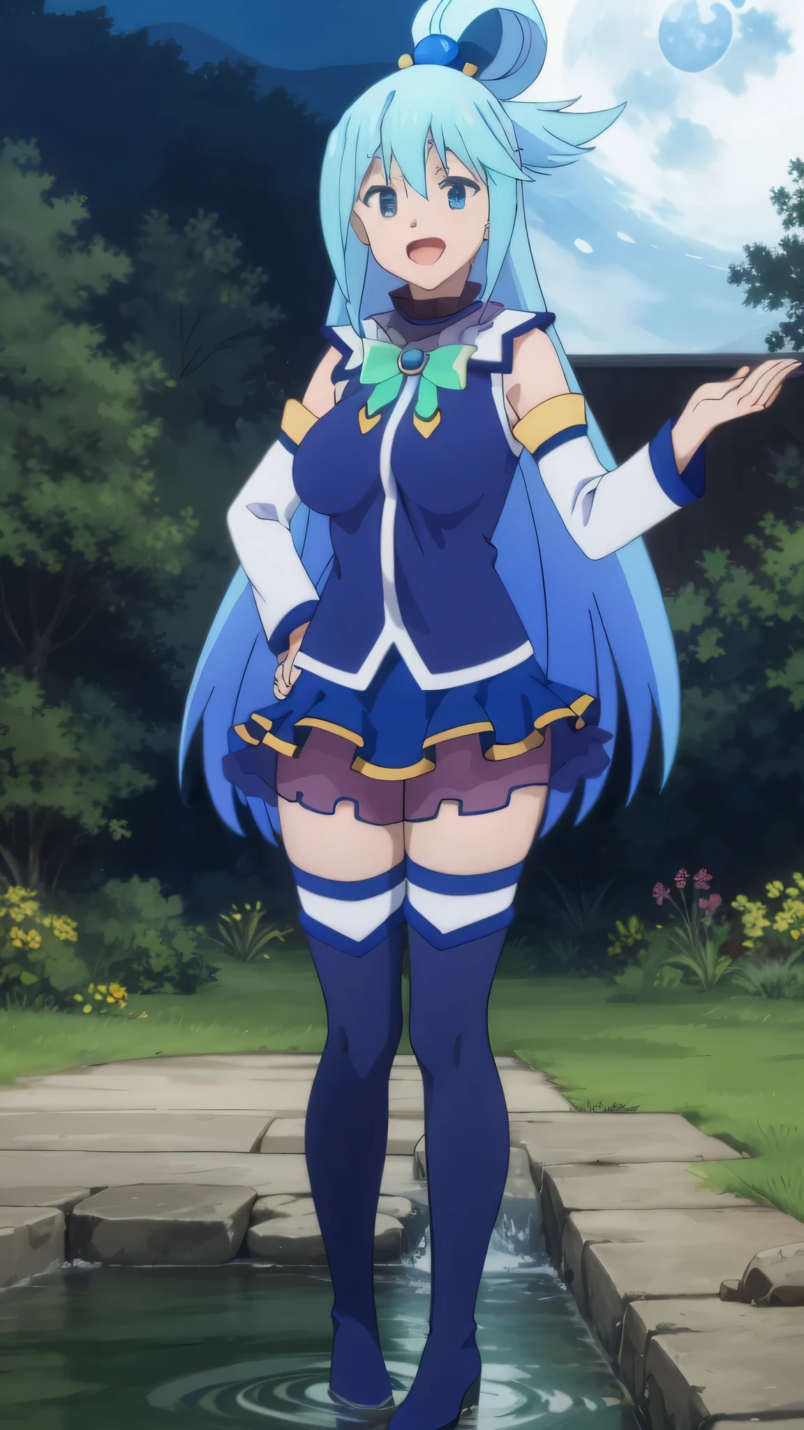 {{{masterpiece}}}, {{{best quality}}}, {{ultra-detailed}}, {illustration}, {{an extremely delicate and beautiful}}, 8k, nsfw, 18 years old, aqua (konosuba)1girl, long hair, blue eyes, hair ornament, very long hair, blue hair, bangs, hair rings, single hair ring, hair bobbles, skirt, shirt, thighhighs, bare shoulders, detached sleeves, white sleeves, white thighhighs, blue skirt, petticoat, blue shirt, green bow, {blue long boots}, large breasts, thighs, zettai ryouiki, BREAK, Goddess, cute face, open mouth, smiling, lake, stand on water, from above, outdoor, mountain, forest, flower garden, praying, mysterious, night, night sky, moonlight