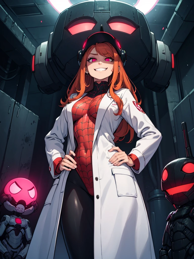 Sfw, mind control Sam by spider helmet robot, ginger hair, 'I have Sam's body', successfully possessed Sam, Glowing red piercing eyes, pervy evil grin, 'this is my body now', hahahaha, satisfying looks, venus body, , wearing white laboratory coat with green spy suit underneath, hands on hip, spider helmet