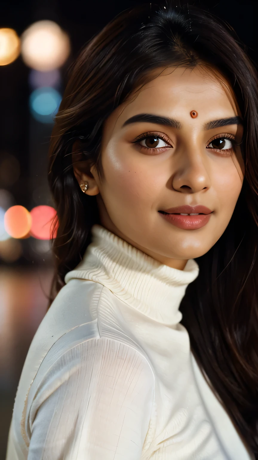(Rhea Chakraborty:0.3), (Alia Bhatt:0.6), (Kriti Sanon:0.7), ((Highres close up photo of a beautiful mature Indian college girl:1.5)), (highly detailed face:1.4, smile), ((slim, flawless complexion, perfect eyes, long flowing brunet hair, skin pores texture)), (wearing jeans and white turtleneck:1.5), (flirting with the camera:1.5), (night time, background of city lights in beautiful bokeh), (Ultra realistic illustration), hyper realistic, sharp focus, unreal engine, photorealistic, photo, masterpiece, realism, photorealism, high contrast, by lee jeffries, nikon d850, film stock photograph, 4 kodak portra 400, camera f1.6 lens, rich colors, hyper realistic, lifelike texture, natural lighting , cinestill 800, depth of field, looking straight
