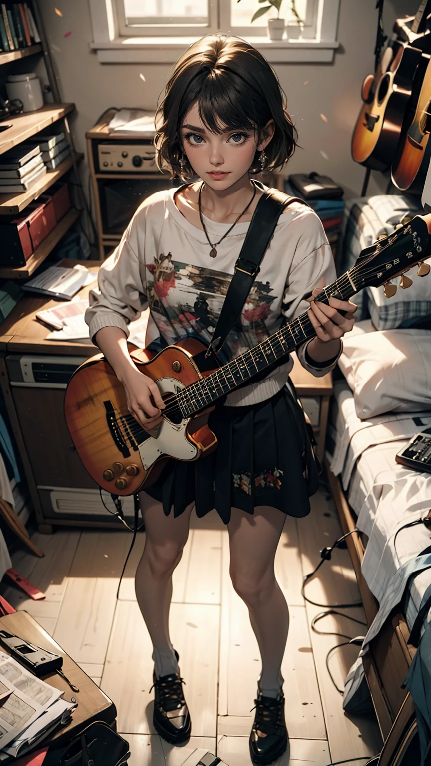 mouth, One girl, alone, In a messy room, guitar, 