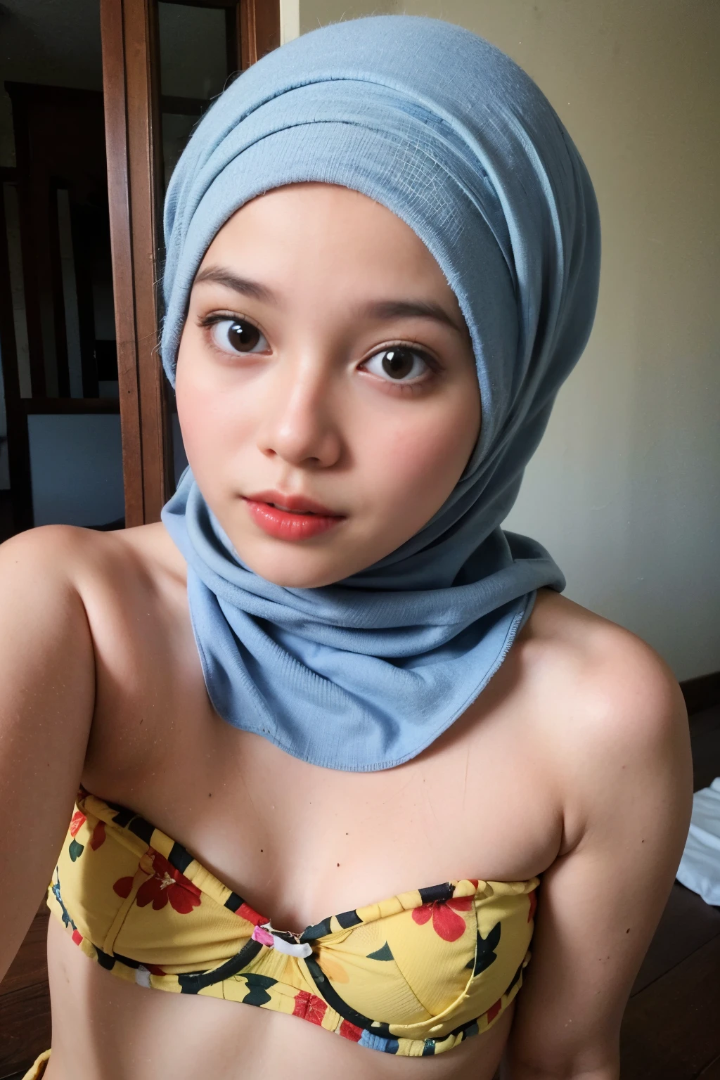 Thin girl ((thick lips:1.4)), Lace, (Happy smile), (((HIJAB MALAY GIRL))), masutepiece, High quality, UHD 32K, Realistic face, Realistic skin feeling , A Japanese Lady, 8 , , Very cute and baby-like face, (((FLAT CHEST))), (Night time at forest), ((look In front  at the camera and SADNESS)), (((FLUORESCENCE))), (((CUTE GIRL))), ((RED & YELLOW LIPS)), ((Floral Pattern)) little wearing strapless bra, strapless colorful bra, dark night horror scary place