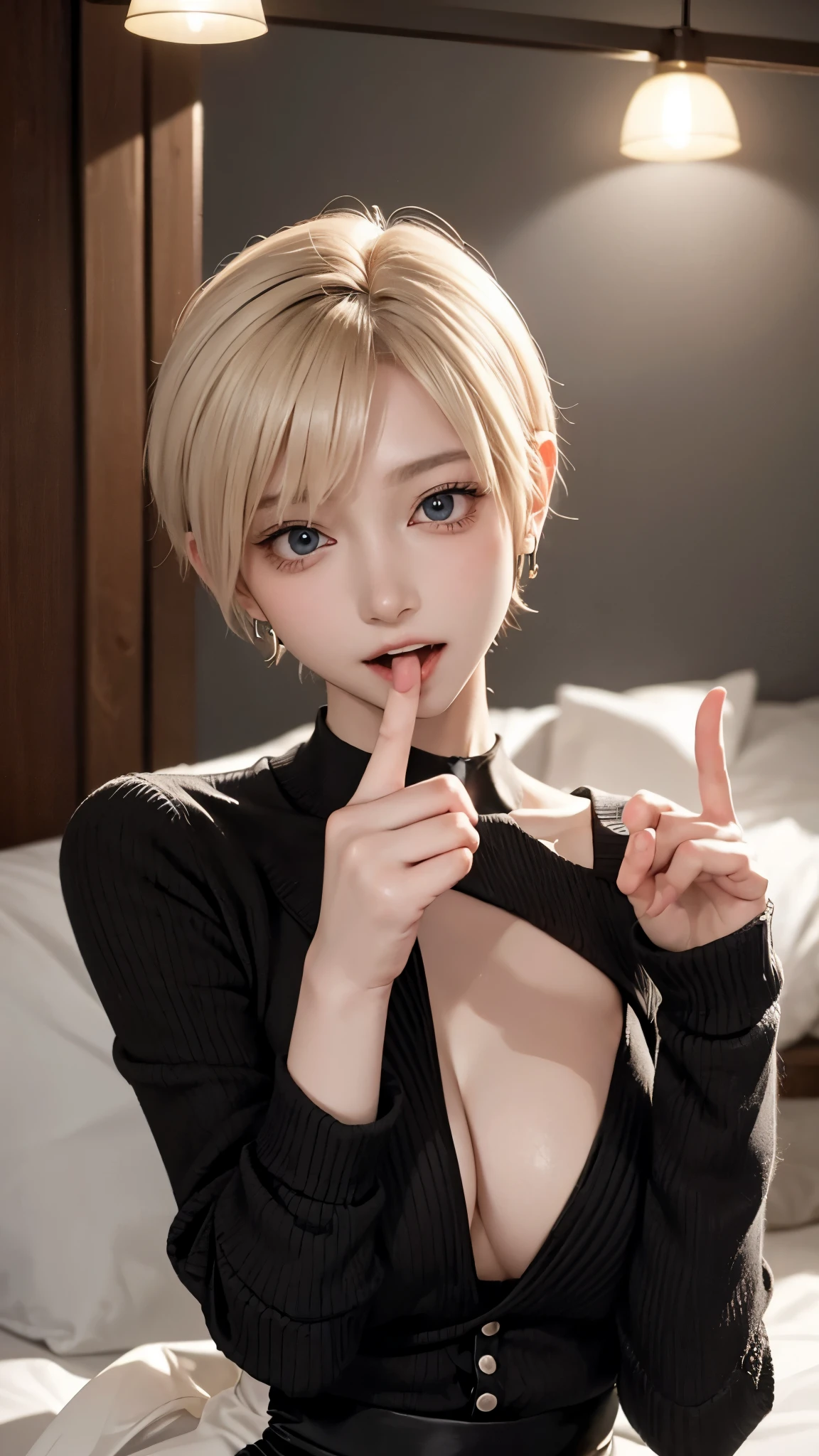 1 Girl、solo、masterpiece,highest quality,High resolution,Very detailed, skinny,Black Choker,Earrings,Big cleavage、Off-the-shoulder tight sweater dress,

 (( Peace sign with both hands)), (Blowjob Gestures:1.5), (((Open your mouth))), Heavy breathing , (aheghentai face), 
Blonde pixie short hair、
Accurate 5-finger、Accurate human body、The perfect human body、((Captivating smile ))、

Boyfriend room、A Guys room、A light-off room at night、indoor、High School Boy's Room、Detailed Background、