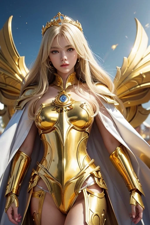 charming Russian model Nata Lee, light blonde hair, Close-up of a gold-clad woman with a white cape, Beautifully patterned gold armor, the sailor galaxia, the god emperor of mankind, Golden armor, Saint Seiya, gold paladin, Light gold armor, goddes, Wearing gold armor, wearing golden armor, Gold armor, golden armor wearing, The goddess of gold, Charismatic, Model standing,The whole body glows like a diamond,