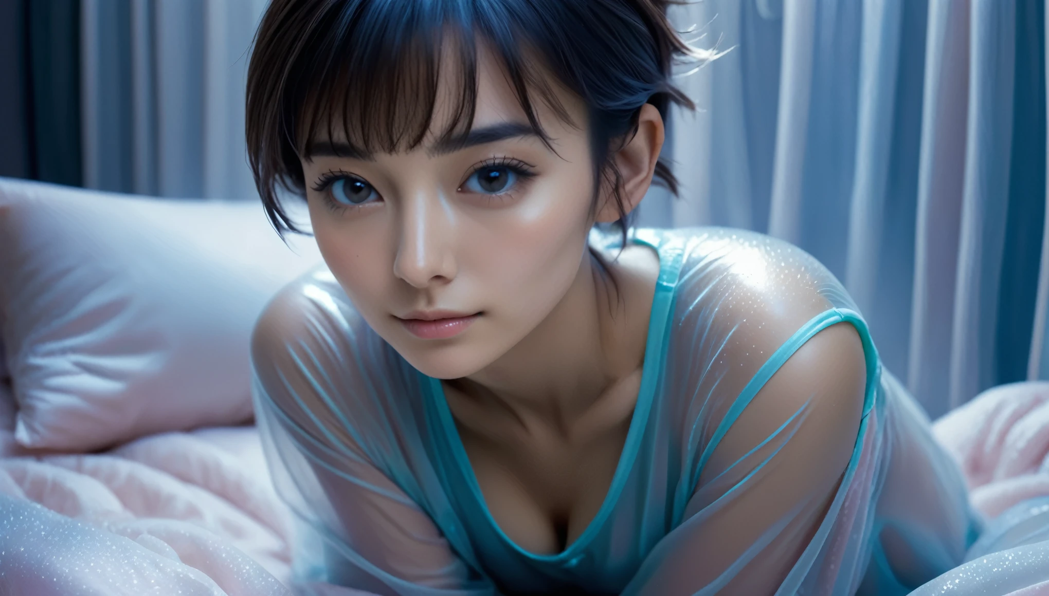 Top Quality, Masterpiece, High Resolution, 8k, (photorealistic:1.4), full body,  (oversized rubber see-through pajama.:1.1), spaceship, bed with puffer bedlinen, dim light, beautiful woman, skinny, small breasts, pixie asymmetrical hair, detailed face, shy expression, facing the camera, photo taken from a distance, age of 20 years old, tanned, pastel colors