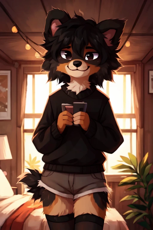  ((by reysi)),  Best quality, super detailed illustration, warm colors, Ideal lighting, (Fluffy boy dog:1.6), (Black fur:1.5) ,feminine face and body, disheveled thick hair, short shorts, long black stockings, black long sleeve sweater, in a cosy room, smug smile, tricky glance , Femboy, slim, perfect body,