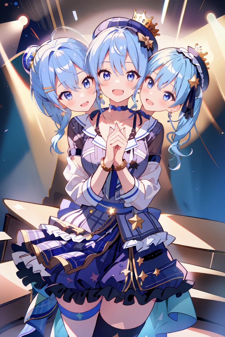 (masterpiece, best quality), best resolution, 16k, (3heads:1.5), dynamic angle, 1girl, HoshimachiSuisei, side ponytail, blue hair ribbon, SuiseiBase, plaid beret, crown, blue star choker, star earrings, blue ascot, plaid jacket, plaid skirt, layered skirt, partially fingerless gloves, star bracelet, uneven legwear, thigh strap, standing, cheek to cheek, (own hands together, own hands clasped), smile, open mouth, singing, look at viewer, happy, stable, concert stage, starfield, spotlight