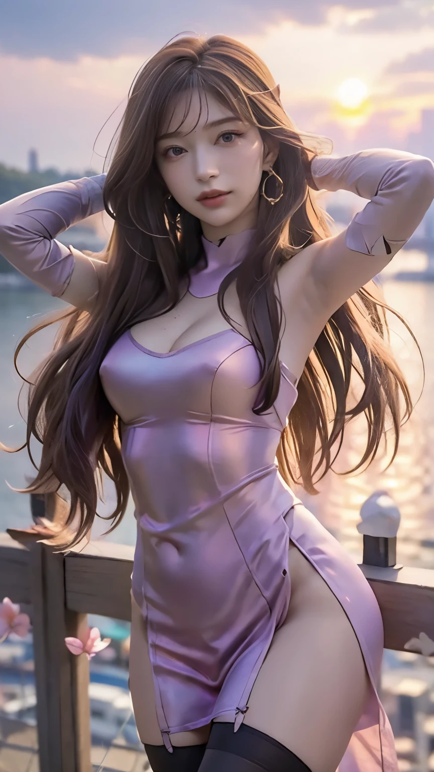 8k, Ultra HD, masterpiece, High-quality color, 1 girl, Perfect Face, Long hair, Fine grain, Simple clothing, Purple clothes, stockings, race, sardine, strip, Net clothing, loop, Bare waist, jewelry, Waterfront, Realistic landscape, Spectacular views, sunrise, evening, cloud, butterfly, Cherry Blossom, Blowing Wind, Perfect pose,