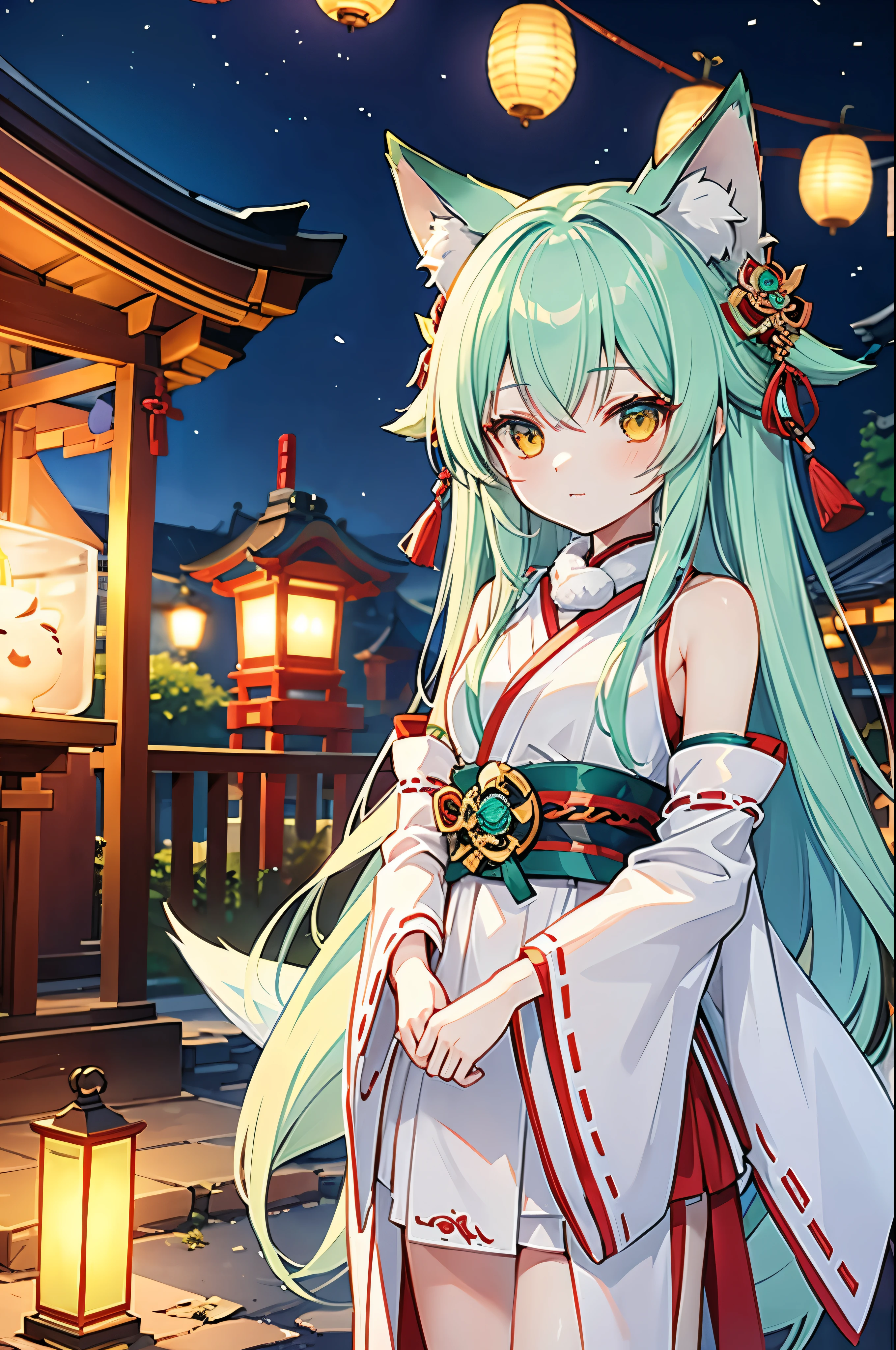 fox maiden, shrine, maiden, mint color fur, miko clothing, fox ears, night, lanterns, mint hair color, 16 years old
