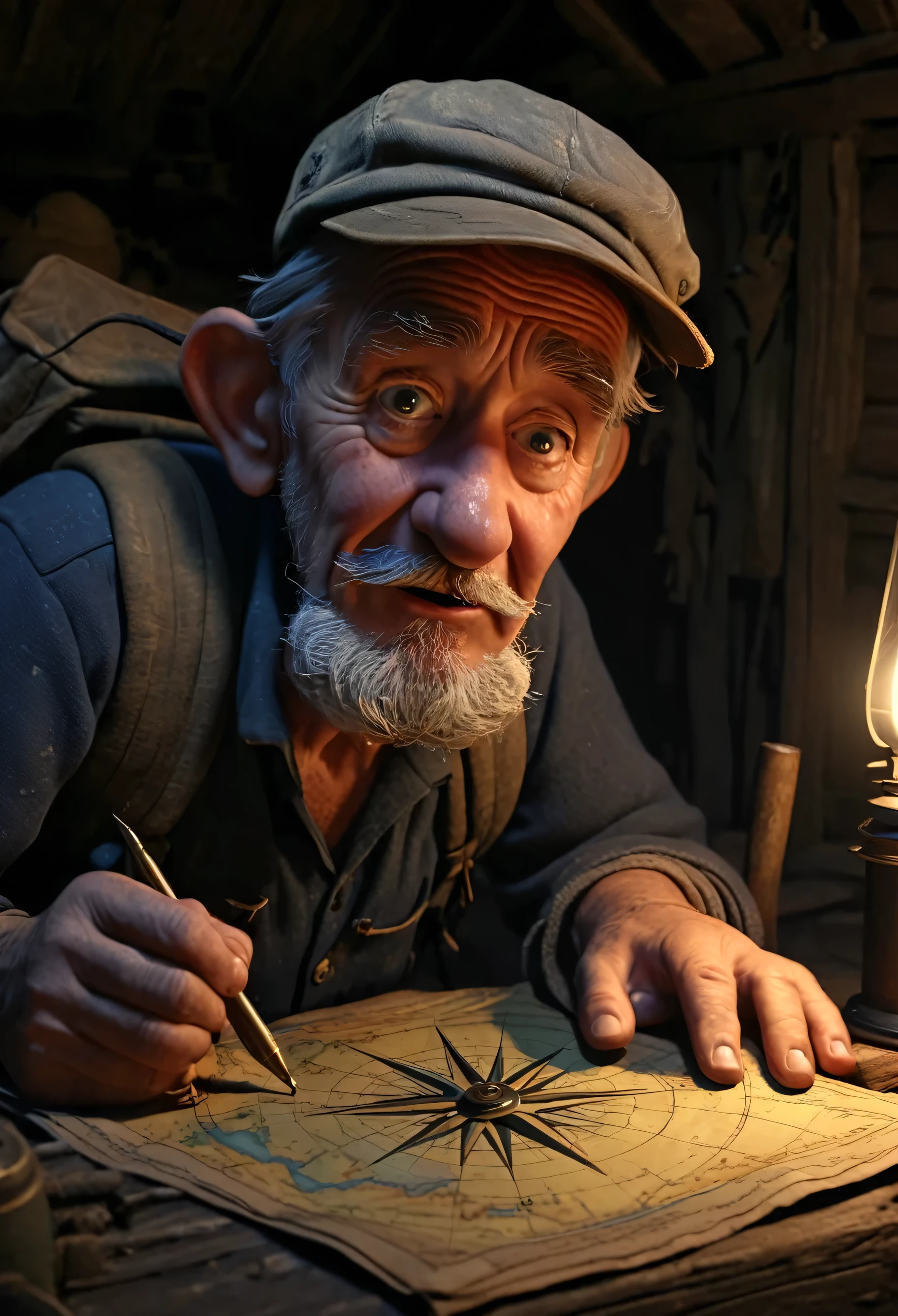 Close-up. 3/4 view. Caricature, funny illustration. The old traveler packs the essentials (map, compass, provisions), his weathered face showing determination. We are in a dark room of a dilapidated hut by candlelight. Lots of details. In hyper-realistic 8K, Ultra HD, Disney Pixar, Cinema 4D style. Blurred background, slight haze.