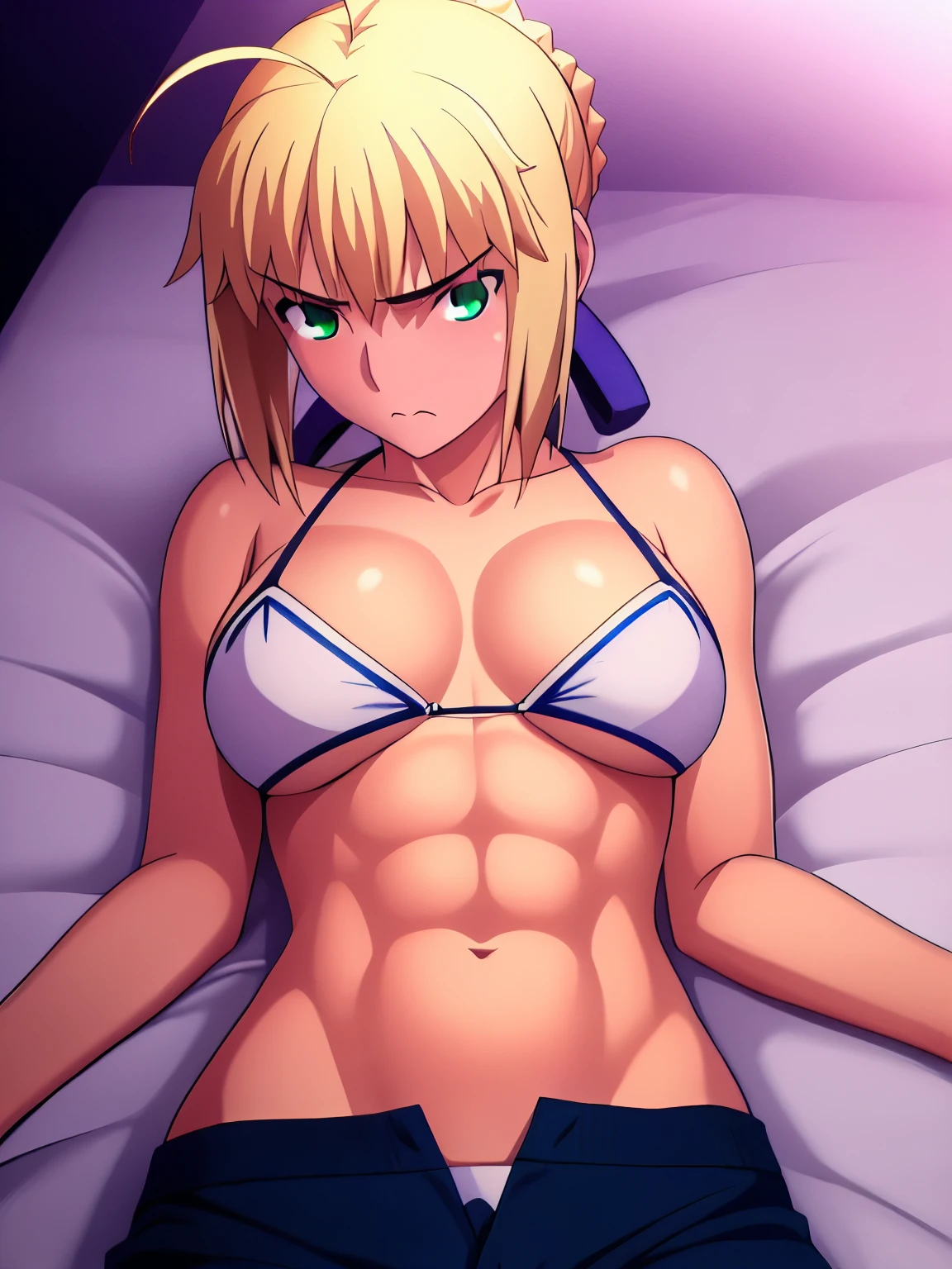 Best_quality, masterpiece, highres, detailed, detailed_background, ray_tracing_graphic, solo, adult_female, {saber_fatestaynightufotable:1.15}, blonde_hair, French_bread, little_ahoge, detailed_green_eyes, blue_ribbon, 1girl, anime_coloring, detailed_face, annoyed_face, five_fingers, blush, large_breasts, white_bikini, blue_straps, latex_trousers, from_the_top, lying, bed, dark_room, night_time, looking_at_viewer, oily_skin, sixpack_abs, detailed_skin, detailed_texture