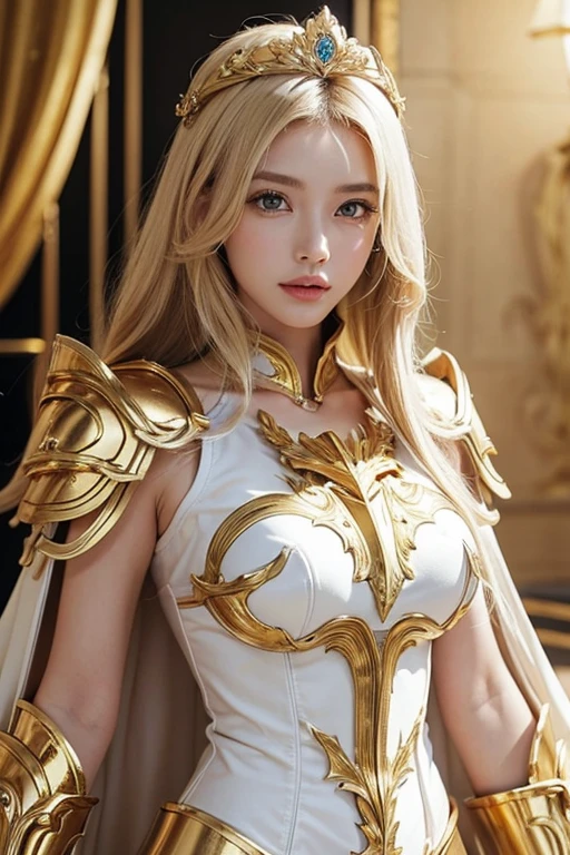 Attractive famous models, Light blonde hair, Close-up of a woman in gold with a white cape, Beautifully patterned glass armor, Sailor Galaxia, God Emperor of Mankind, Golden Armor, Saint Seiya, Gold Paladin, ライトGold Armor, welcome, Dressed in gold armor, Golden Armorを着て, Gold Armor, Wearing golden armor, The welcomes of gold, Charismatic, Model standing,The whole body shines like a diamond,