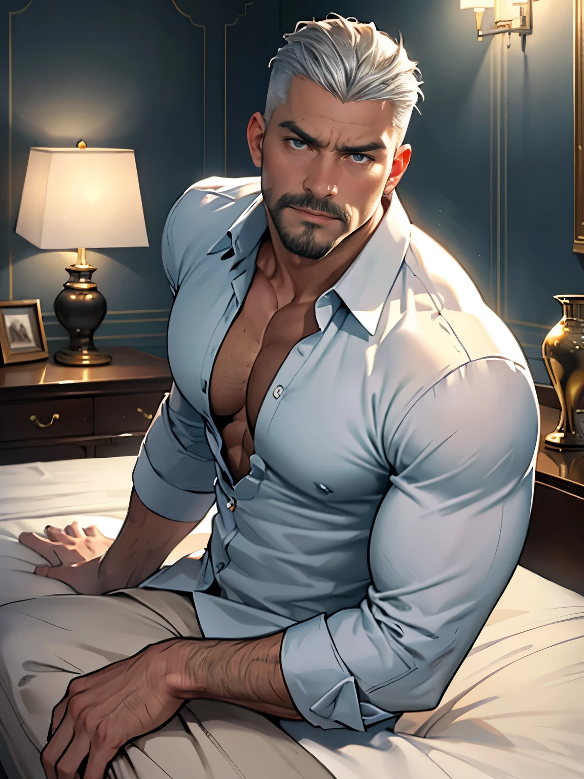 Portrait of 1 man, ((50-year-old)), muscular body, beautiful detailed face, piercing intense gaze, (((laying on bed))), sexy, (((unbuttoned shirt))), (((slim))), (((toned))), fitness, model, trendy fashion, silver hair, (((full silver beard))), ((2 strong legs)), ((big eyes)), ((intense gaze)), luxurious bedroom, expensive furniture, (1 king-sized bed with silk sheets), plush pillows and cushions, nightstands with golden accents, (decorative vases with fresh flowers), distinctive artwork on the walls, rich color palette, golden accents and trimmings, warm and inviting ambiance, serene atmosphere, gentle shadows and highlights, subtle texture in fabrics, luxurious wardrobe with fine fabrics and designer labels, impeccable fashion sense, dapper appearance, relaxed expression, confident posture, refined taste, majestic presence, pristine cleanliness, realistic, accurate, (best quality, masterpiece: 1.2), ultra-detailed, subtle lighting, beautiful soft lighting, ((luxurious room background)), ((model)), handsome, ((big bulge)), prominent chiseled jawline, masterpiece, anatomically correct, textured skin, super detail, ((low angle shot)), high quality, 4K, 8k, highres, UHD.