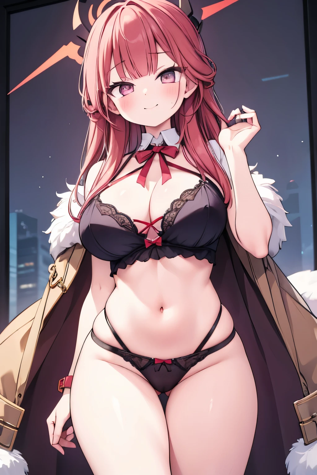 G-Cup masterpiece highest quality High resolution Big Breasts underwear sexy Adult female Glaring eyes Mouth slightly open smile Long Straight Redhead showing off her panties
