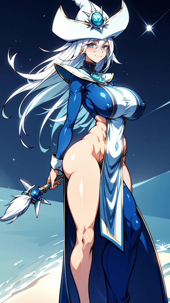 Silent magician, ropa apretada, from behind,Whale Tail, panties, thong,poca piel visible, (( ruborizada, sonrisa, oiled skin)), pelo largo, cabello blanco, (( white hair)), sombrero blanco, Skinny body, chubby girl, big sagging breast , monstruo de duelo, Iparuputsua, de pie en la entrada de un castillo, magic world background, mundo medieval .