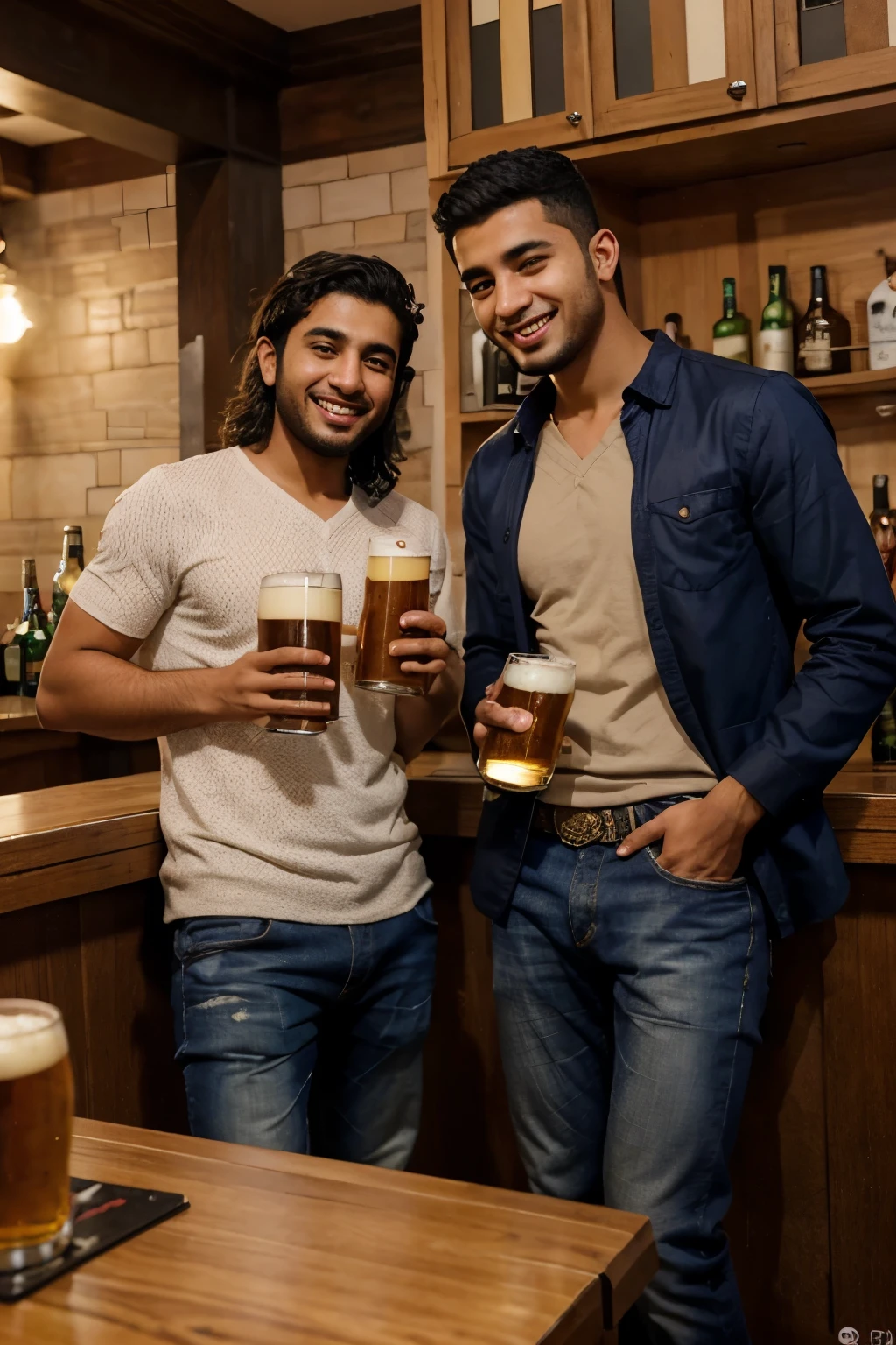 a realistic photo of two arabic male students in the bar, both are smiling, friends, european clothes, short staright hair, one is a little bit higher than other, one have beer in hand high quiality
