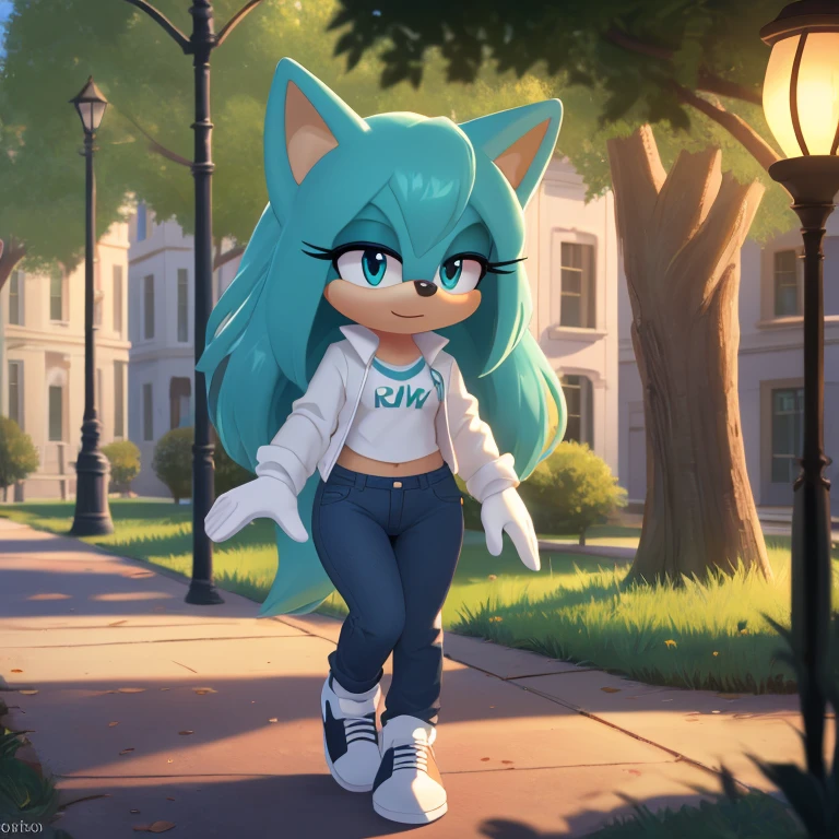 Sonic_(series), mobian, arctic fox, 1girl, solo, masterpiece, high quality, studio quality, intricate details, 4k, best quality, ultra-detailed, cinematic lighting, beautiful lighting, hi res, detailed, detailed background, vibrant lighting, white shirt, jeans, jean jacket, park, path, lamp post, trees, grass, standing, white sneakers, white gloves, cute, beautiful, small waist, wavy bangs, long hair, fluffy hair, long tail, fluffy tail, aqua hair, aqua eyes, white fur, white skin