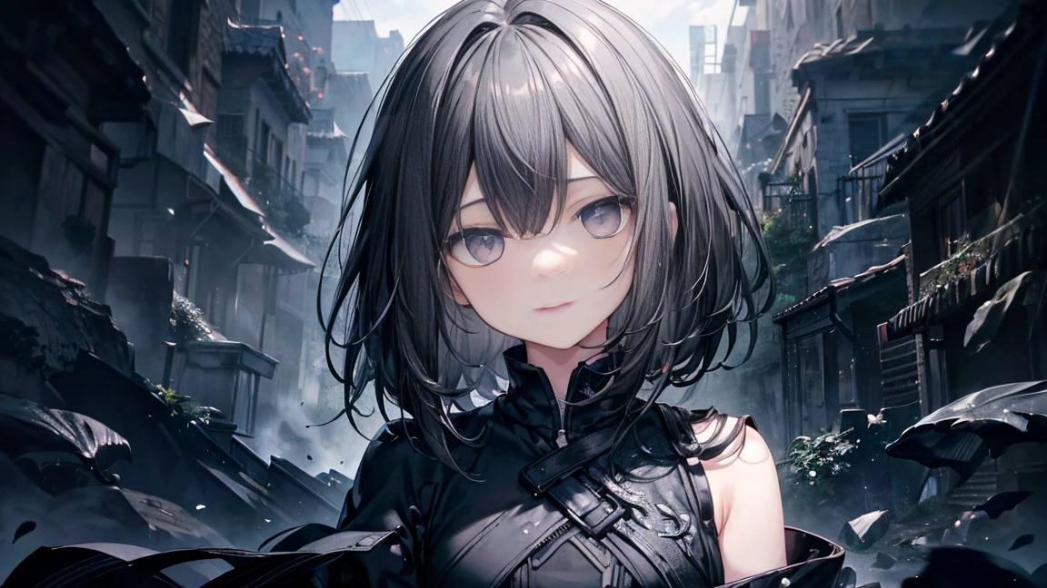 highest quality、highest quality、8k、Ultra-high resolution、highest quality、Very detailed、Perfect Face、Very detailed、Very delicate、1 boy, ((alone))、(Scared), Gorgios、 dark,Soft Hair、Shoulder-length hair、Medium Hair((Black hair on the left、Gray hair on the right))、((iris)),Black long sleeve shirt,Black shorts、belt、 have confidence, smile, shut up.、Expressive eyes, Coloful eyes, Contrast, Shadowy,Digital Art, Shining Eyes, Intimidating, Damaged, Detailed face、fine grain、Detailed Background、 dark背景, Based on black and white、Black liquid