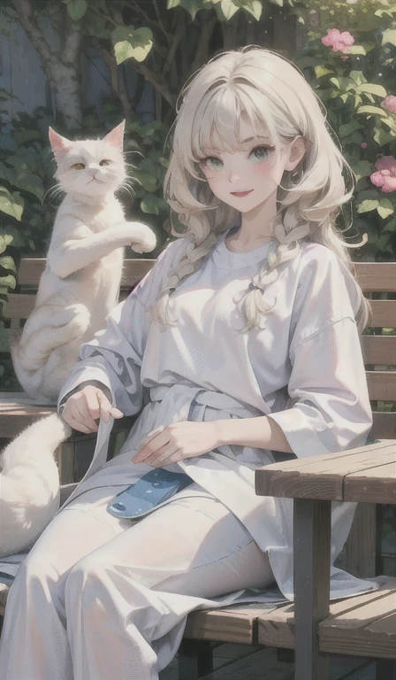 Relaxed character and white cat Comfortable time