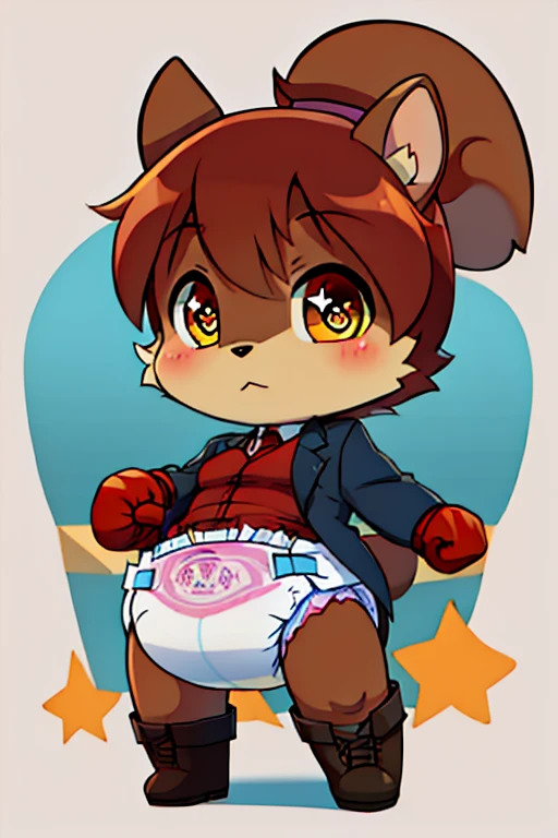 2boys, squirrel, furry, bodyfur, blazer, bottomless, gloves, boots, chibi, sparkling eyes, diaper, boxing