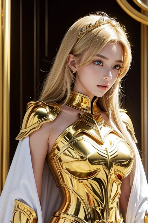 Attractive famous models, Light blonde hair, Close-up of a woman in gold with a white cape, Beautifully patterned gold armor, Sailor Galaxia, God Emperor of Mankind, Golden Armor, Saint Seiya, Gold Paladin, ライトGold Armor, welcome, Dressed in gold armor, Golden Armorを着て, Gold Armor, Wearing golden armor, The welcomes of gold, Charismatic, Model standing,The whole body shines like a diamond,