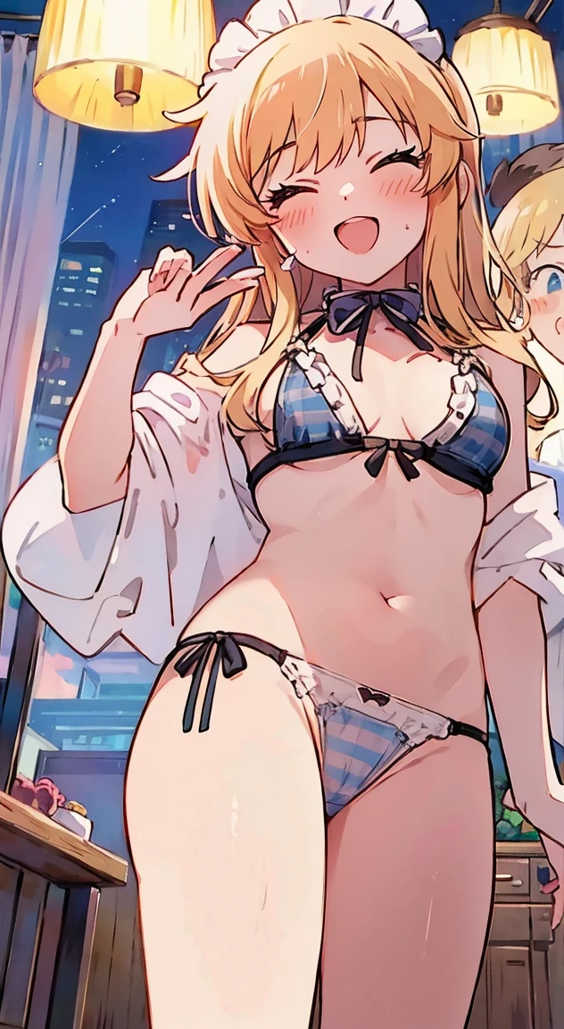 side tie panties,blush, full-face blush,masterpiece, highest quality, (anime screencap:1.3),(shape), cute,(simple:1), (anime:1.2),Solo Sharp Focus, 1 girl, cleavage,looking at the viewer, nighttime pools,Are standing,,(NSFW:1.2),bikini,pastel colour,beautiful hair,Horizontal stripes,heart shaped pupils,plaid pattern bra, plaid pattern panties,Tropicaljuice,one eye closed,Happy smile,maid bikini
