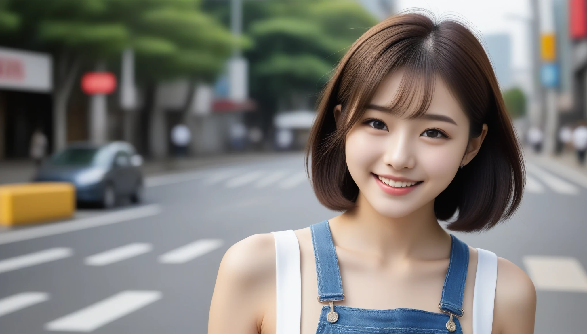8k, Ultra-high resolution, highest quality, masterpiece, Surreal, photograph, 1 girl, (16 years old:1.3), pretty girl, Cute face, Beautiful eyes in every detail, Japan Female Announcer、Across the road 、pedestrian crossing,smile,Overalls,sneakers,Short Bob,Looking at the audience、beauty,Long neck、Laugh a little、Please close your mouth and laugh、(((Ideal body type))),A-cup small breasts :2,Portraiture:2、Perfect Anatomy、鮮明なdetailed、detailed、Surreal、Light and shadow,Strong light,Fashion magazine cover,Thin lips
