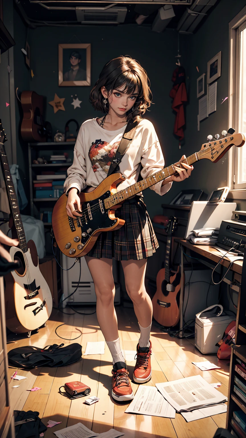 mouth, One girl, alone, In a messy room, guitar,