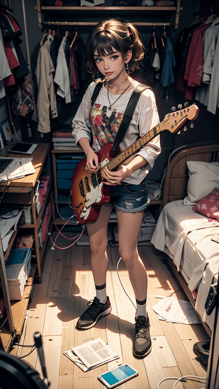 mouth, One girl, alone, In a messy room, guitar,
