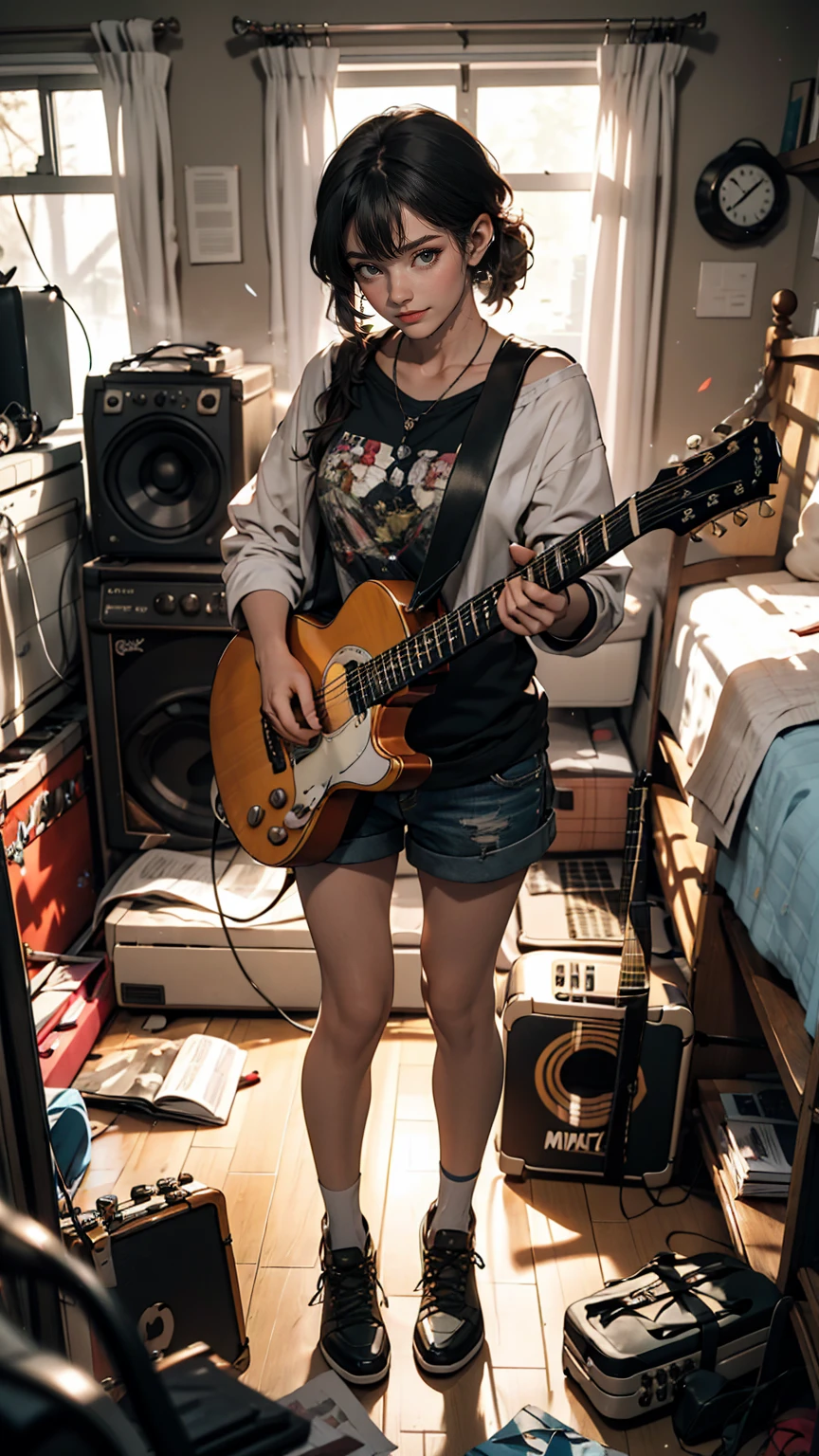 mouth, One girl, alone, In a messy room, guitar,