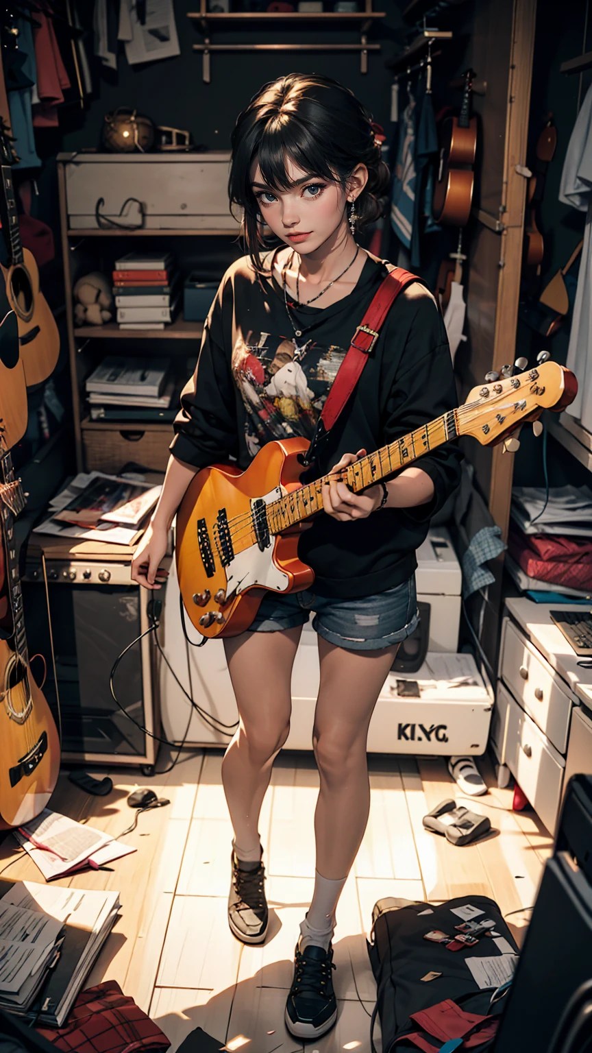 mouth, One girl, alone, In a messy room, guitar,