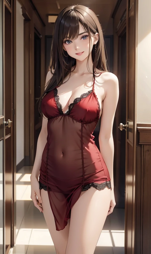 night, indirect lighting, corridor, highest quality, High resolution, Pixel perfect, 8k, finely, Perfect dynamic composition, beautiful detailed eyes, Standing, Shiny Hair, Natural color lip, lady, Age 25, Clear skin, Super detailed, Red silk negligee, medium breasts, Thin thighs, Beautiful legs, delicate, Troubled face, smile, Embarrassing