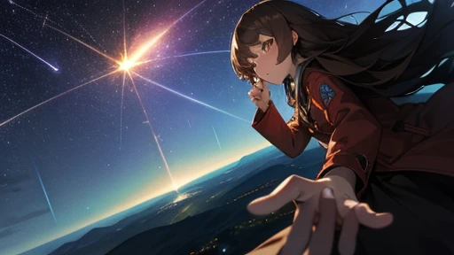 night,Starry Sky,Meteor Showers,Mountaintop Observatory,First-person perspective,The protagonist extends his right hand,A girl with long brown hair,The two fingers interlocked,Girl's shy expression