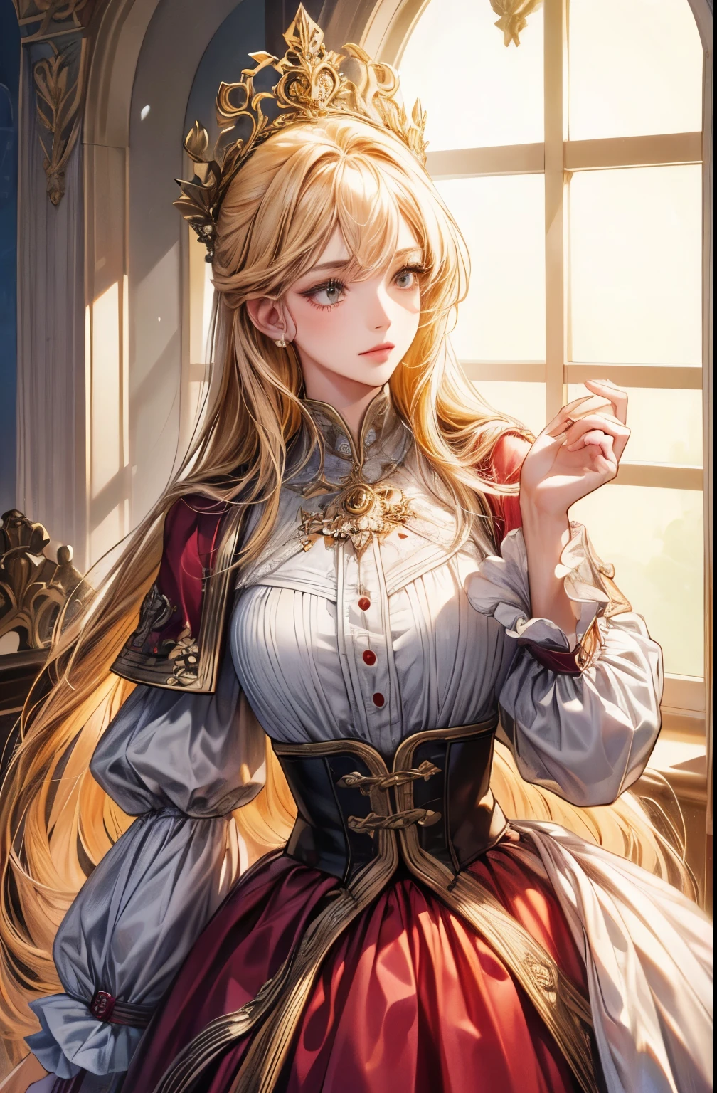 "(best quality, high resolution, ultra-detailed:1.2), 1 girl, alone, baroque style, long skirt, long sleeves, elegant, vibrant, the most detailed, upper body"