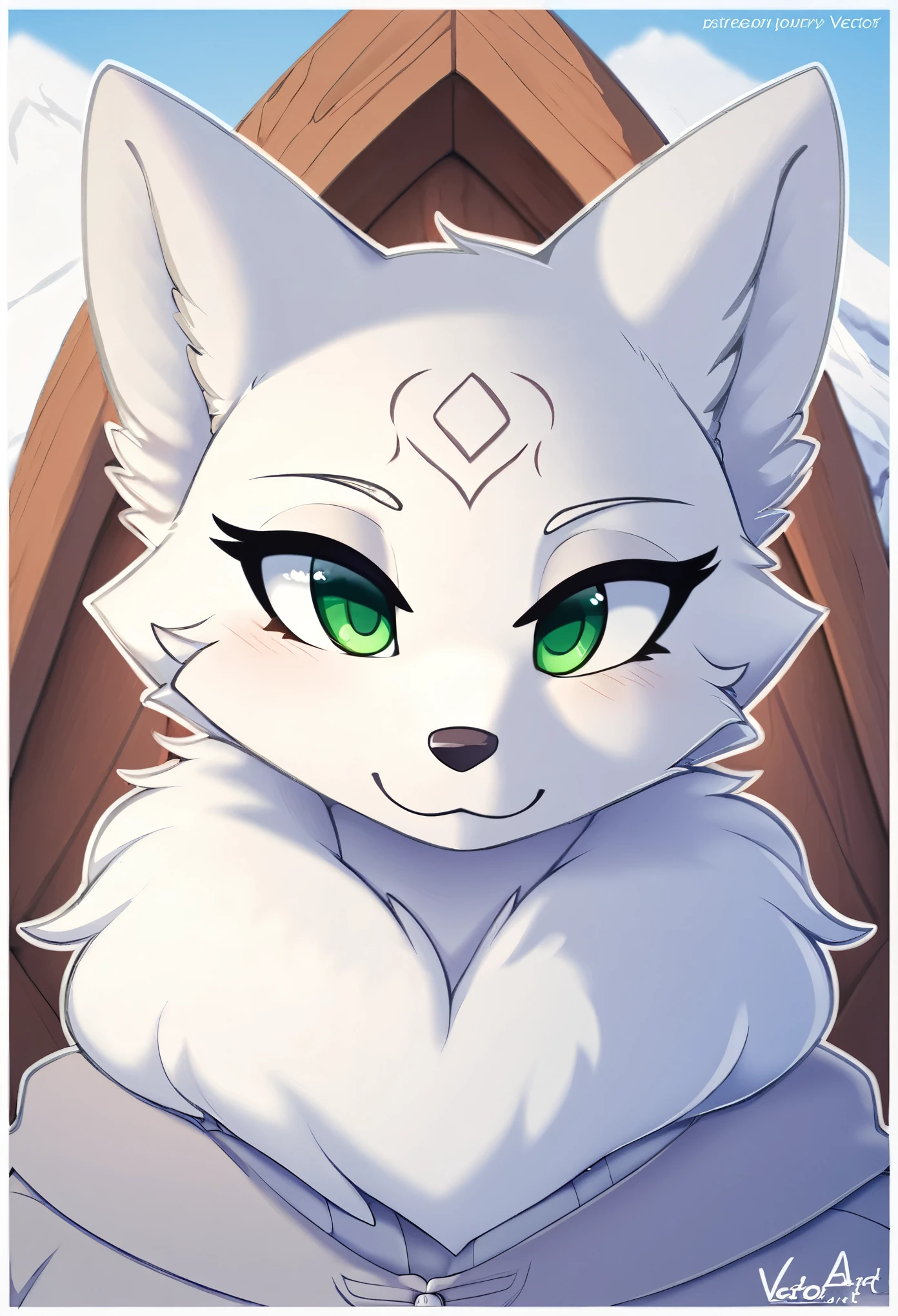 top quality, best quality, by rzminjourney, by vector-art, High-quality illustrations, masterpiece)(kemono, furry anthro)logo mark, round, female, arctic fox, clean eyes, green eyes