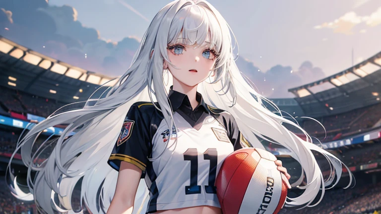 Girl plays football, back number 11, white hair, hair down to her elbows, bangs, long bangs in the middle, wearing a football shirt, on her chest is the word "SEII", her eyes are gray