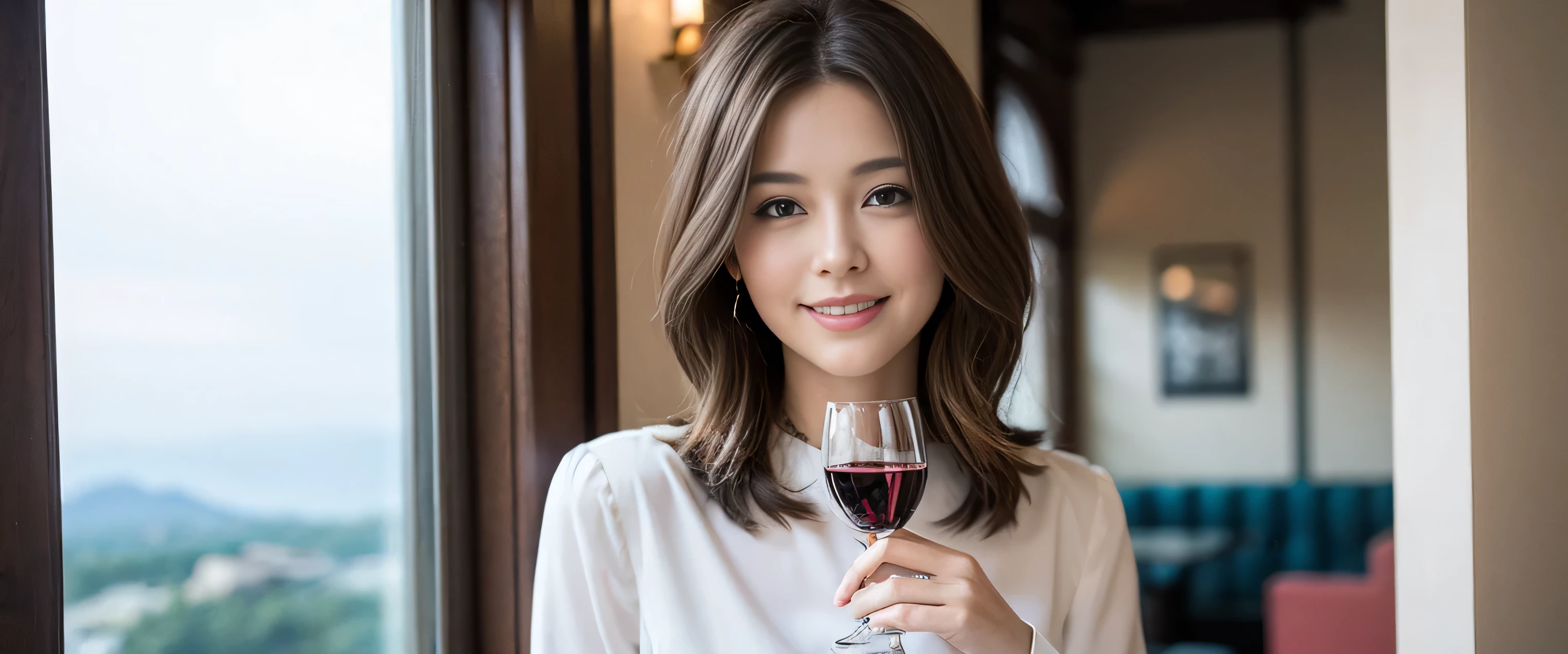 ((highest quality、8k、masterpiece:1.3))、Slim body、((Bob Hale、Straight hair:1.2))、(to be born, highest quality, masterpiece:1.5), (Realistic, Intricate details:1.2), Wine glass on the table、Put the light on your face、 Amazing view of the sunset sky and clouds、Amazing mountain views、A bright smile、A lovely woman with a smile、Bright image、2. The beauty of wine, Beautiful Face, blue eyes, The light shines on your face, Blushing, short hair,Bright Face、 (43 years old), 39 years old, Lady、red wine 、Appetizers、Italian food、Wine bottle、Champagne、sparkling wine、Two beauties、Brown Hair、Shortcuts、Long sleeve shirt、dress、Pretty Woman 1, (Slim face), (The body is slim), (Brown Hair), (Shortcuts), cheeks turn a little red,Attractive beauty、, Out of the window, A beautiful and detailed night view unfolds.........., restaurant, In a prominent place (From the waist up) Nova Frog Style, actress, model, Upper Body, White wine, slim, wine glass, A wine glass placed in the middle, smile, (smile: 1.15), Beautiful fine grain, Depth f/2,saturation, High Contrast, Strong light and shadow,Moist Body:1.5、3D texture、Delicate eyes、Brown Hair、The hair is very shiny、