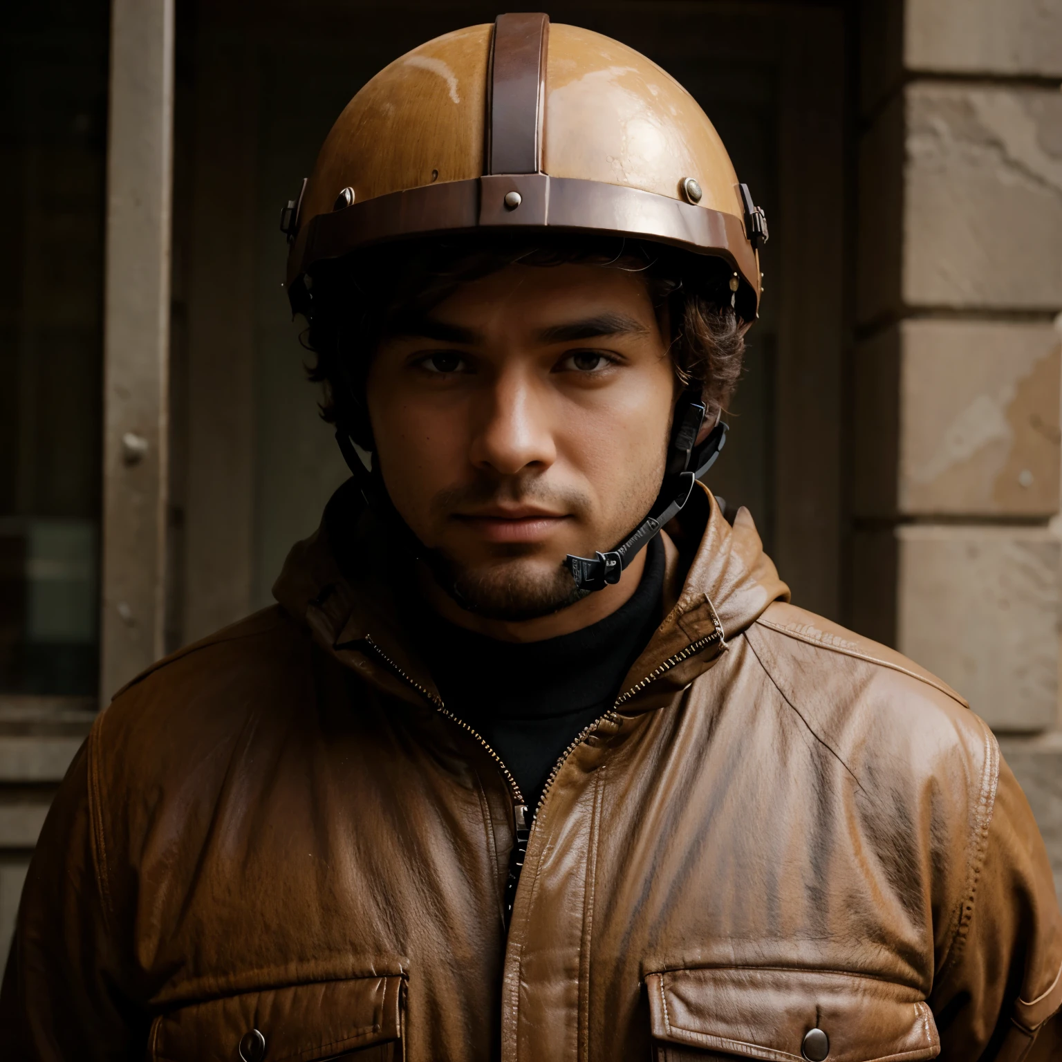 Guy wearing brown jacket and full face brown helmet 