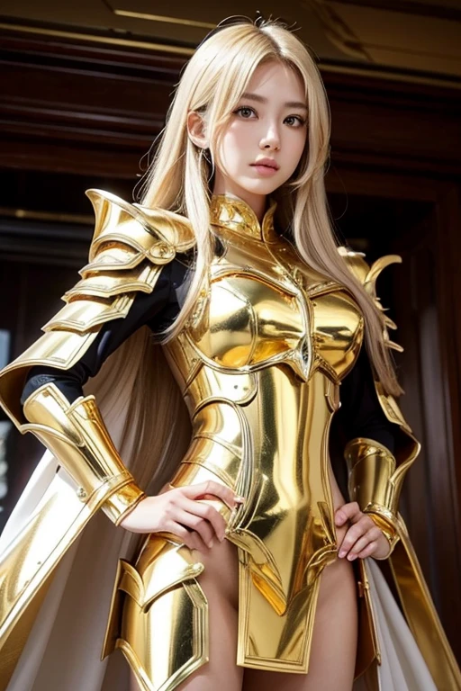 Attractive Famous Japanese Models, Light blonde hair, Close-up of a woman in gold with a white cape, Beautifully patterned gold armor, Sailor Galaxia, God Emperor of Mankind, Golden Armor, Saint Seiya, Gold Paladin, ライトGold Armor, welcome, Dressed in gold armor, Golden Armorを着て, Gold Armor, Wearing golden armor, The welcomes of gold, Charismatic, Model standing,The whole body shines like a diamond,